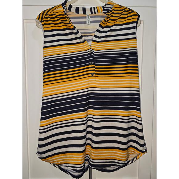 Navy Blue & Yellow Striped Henley Tank Top – Size XL - Picture 2 of 8